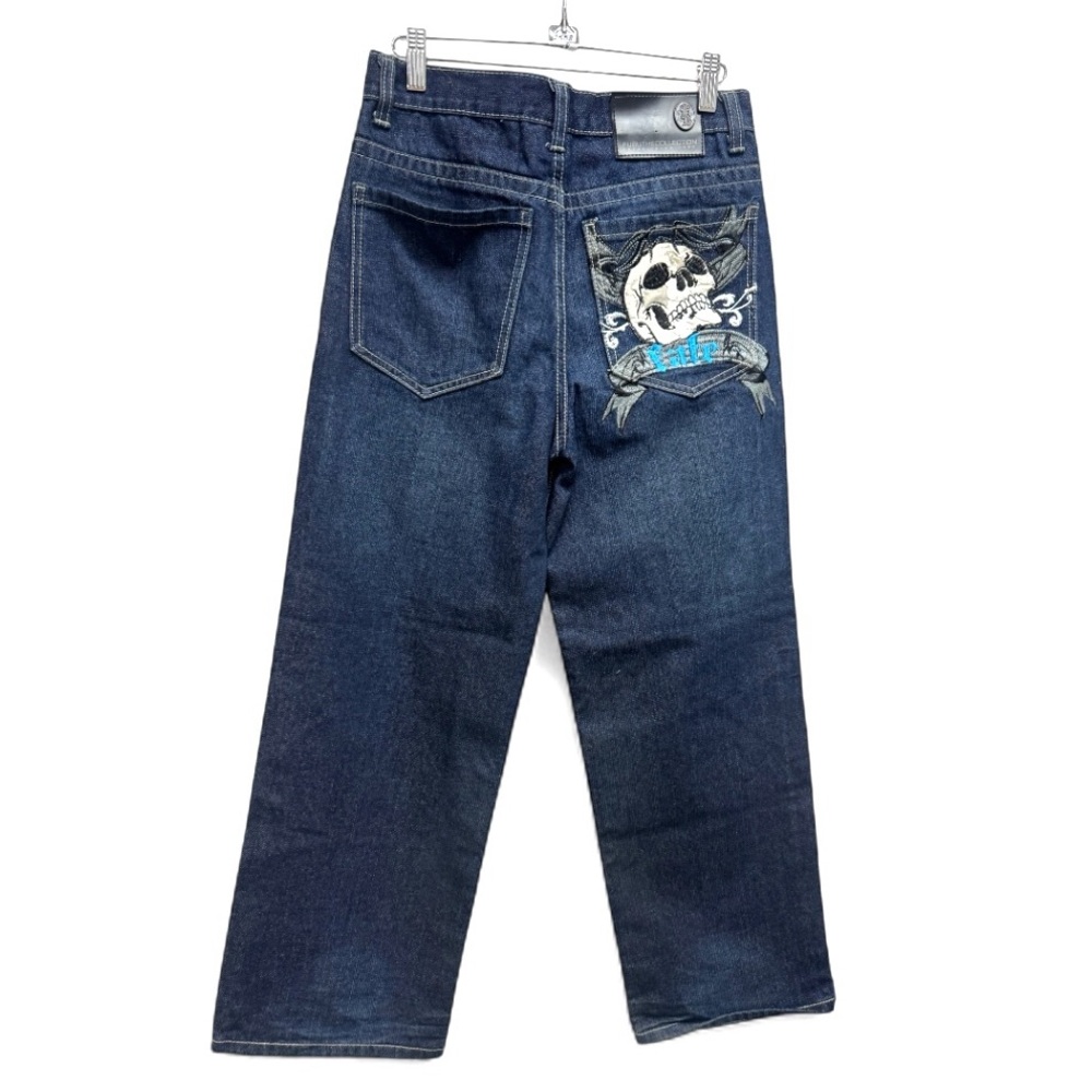 FUBU Y2K Dark Blue Wide Leg Jeans with Distressed Skull AccentSize 14